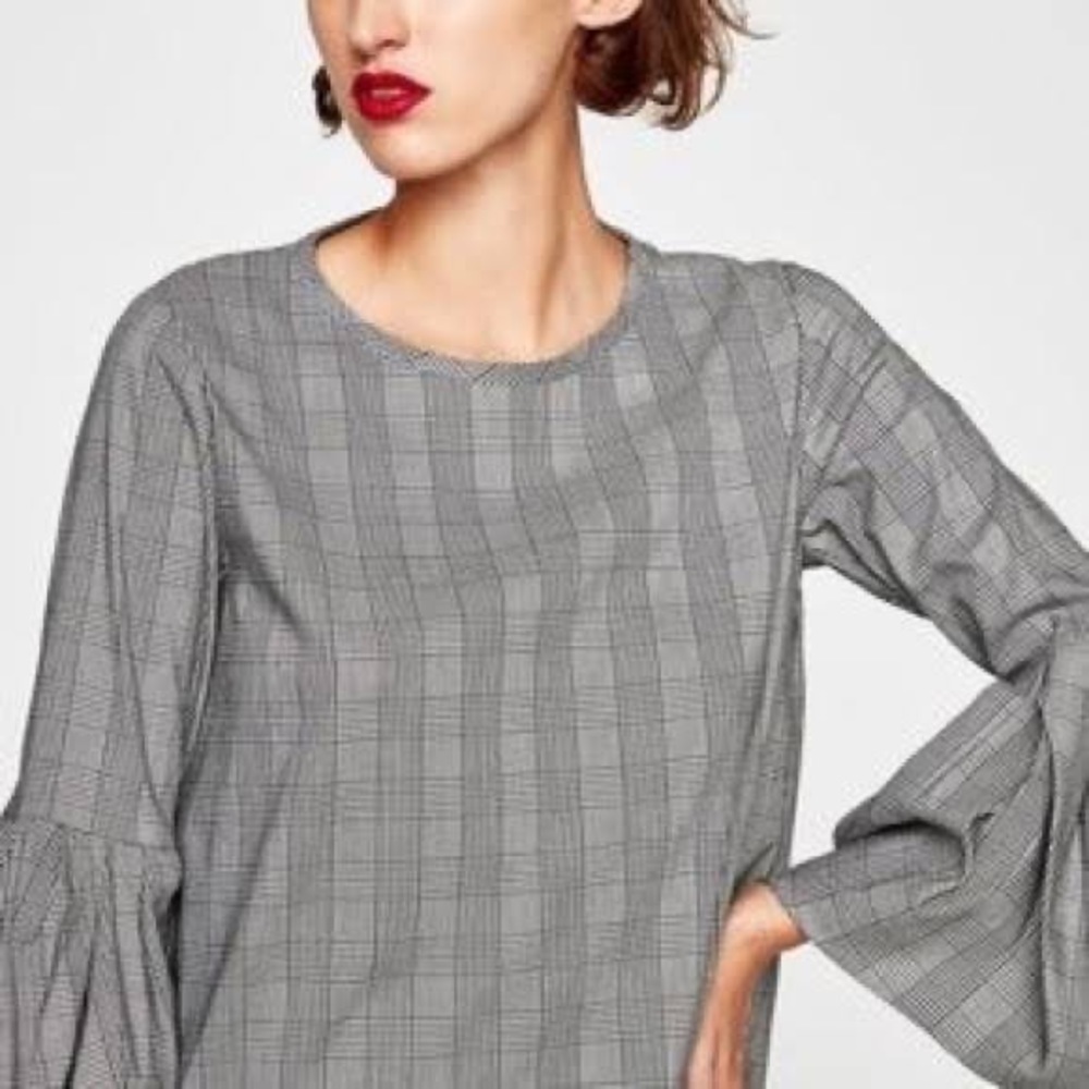 Zara Plaid Black and White Bell Sleeve Blouse